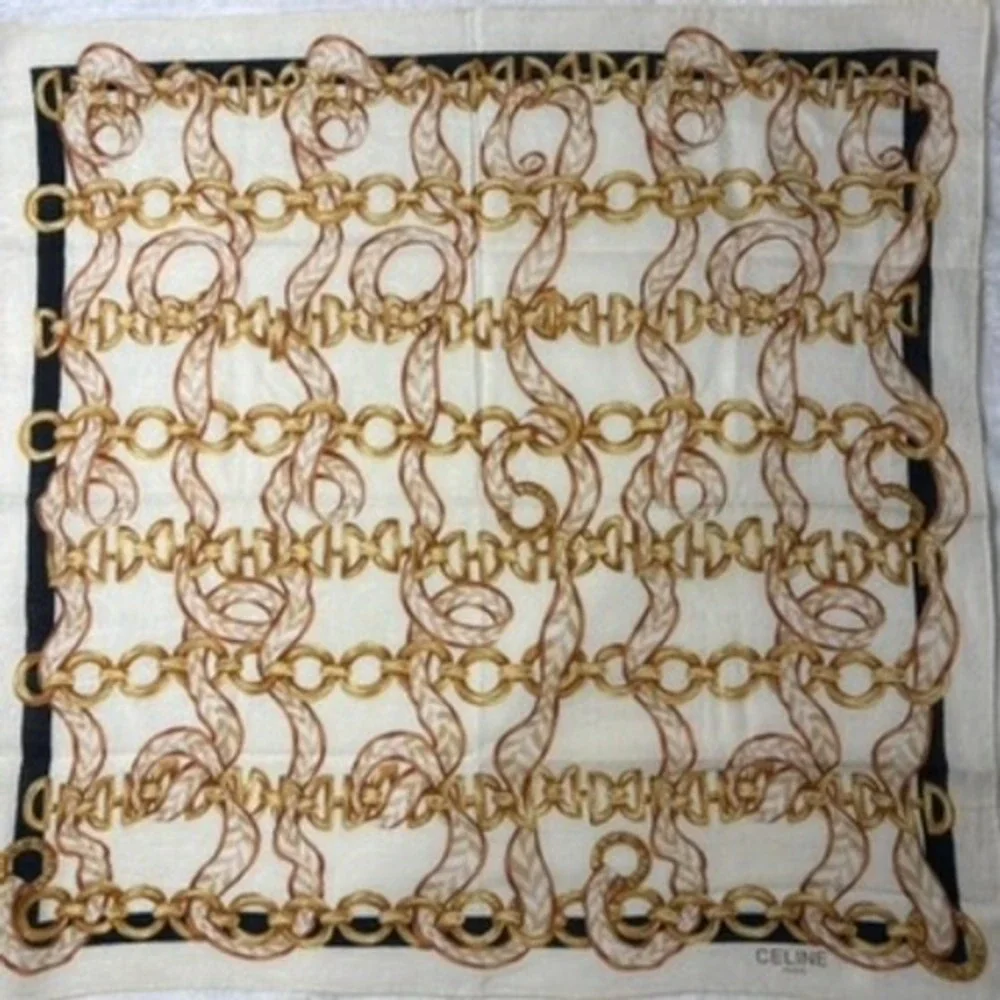 Vtg CELINE Scarf Handkerchief Chain Link Ribbon Cream Gold Black 20